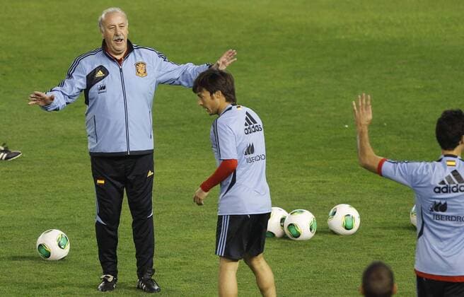 Spain s national team training session. In this picture, Vicente Del Bosque and David Silva. xPABLOGARCIAx 