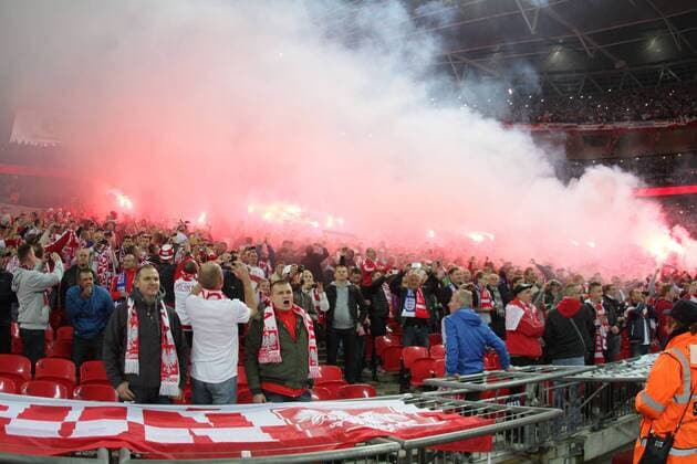 Poland - World Cup Qualifier . . Wembley, London . . 15.10.2013 Poland fans with flares behind. 
