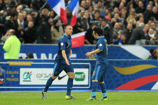 joie Franck Ribery - Mathieu Valbuena (France) FOOTBALL : France vs Finlande- Quaifications CM2014 - 15 10 2013 N.LeGouic FEP Panoramic 