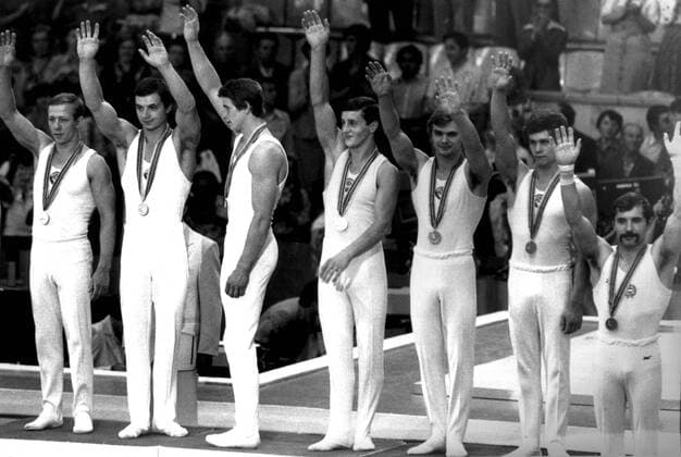Olympic Games 1980 Moscow, USSR. Men s Gymnastic team competition. Soviet team of gymnasts who won gold Olympic medals are from left to right: Nikolai Andrianov, Eduard Azaryan, Alexander Dityatin, Bogdan Makuts, Vladimir Markelov, and Alexander Tkachyov. 22nd July 1980. kbdig 2000 quer 