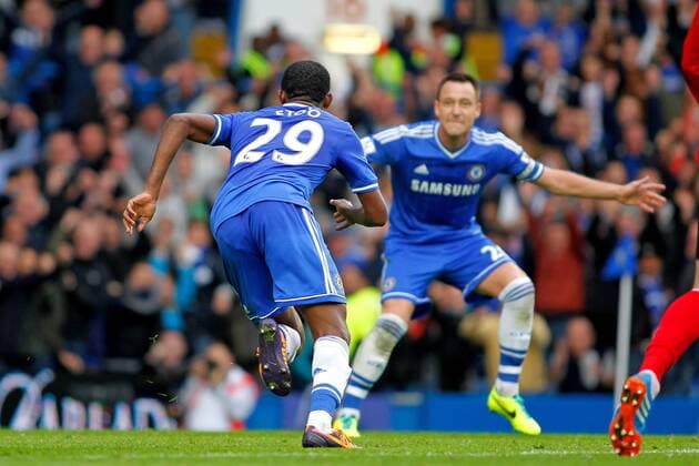 Football - 2013 2014 Premier League - Chelsea FC London vs Cardiff City Samuel Eto o of Chelsea celebrates with John Terry of Chelsea at Stamford Bridge Colorsport ShaunBoggust 