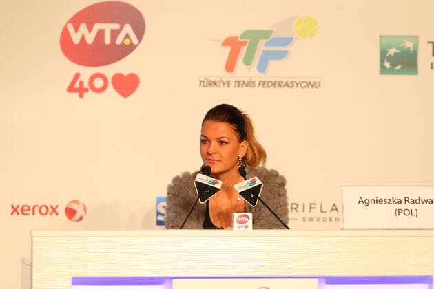 Agnieszka Radwanska of Poland fields questions from the media at the WTA Tennis Damen All Access Hour before the start of the WTA Tennis Damen Istanbul Championships at the Renaissance Polat Hotel on October 21, 2013 in Istanbul, Turkey. 
