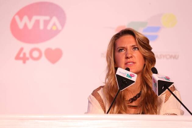 Victoria Azarenka of Belarus fields questions from the media at the WTA Tennis Damen All Access Hour before the start of the WTA Tennis Damen Istanbul Championships at the Renaissance Polat Hotel on October 21, 2013 in Istanbul, Turkey. 