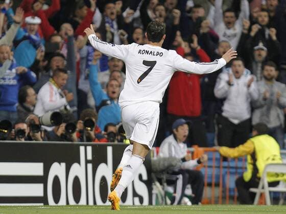 Soccer match between Real Madrid and Juventus Turin of the Champions League, held at the Santiago Bernabeu stadium, in Madrid 10 23 2013. Cristiano Ronaldo celbrates after scoring 