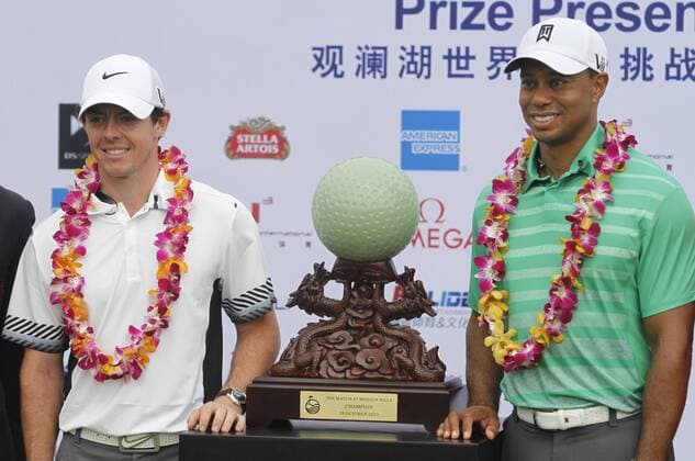 Rory McIlroy of Northern Ireland, left, and Tiger Woods of the United States pose with the champion trophy at the award ceremony of The Match at Mission Hills in Haikou city, south Chinas Hainan province, 28 October 2013. Rory McIlroy finally tasted success for the first time this year when he beat an ailing Tiger Woods by one shot in a megabucks exhibition match in China on Monday (28 October 2013). McIlroy roars against Tiger in China  pau902585_21