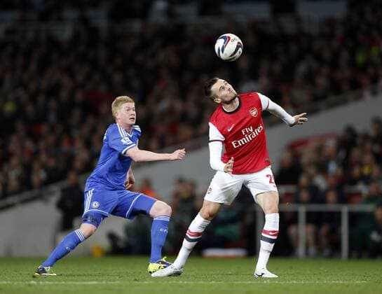 Arsenal s Carl Jenkinson tussles with Chelsea s Kevin De Bruyne Arsenal v Chelsea - Capital One Cup Fourth Round - The Emirates - London - England -29 10 2013 - Pic David Klein Sportimage EDITORIAL USE ONLY. No use with unauthorised audio, video, data, fixture lists, club league logos or live services. Online in-match use limited to 120 images, no video emulation. No use in betting, games or single club league player publications.