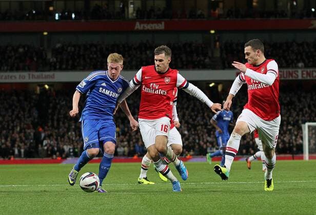 Arsenal s Thomas Vermaelen and Arsenal s Aaron Ramsey tussle with Chelsea s Kevin De Bruyne Arsenal v Chelsea - Capital One Cup Fourth Round - The Emirates - London - England -29 10 2013 - Pic David Klein Sportimage EDITORIAL USE ONLY. No use with unauthorised audio, video, data, fixture lists, club league logos or live services. Online in-match use limited to 120 images, no video emulation. No use in betting, games or single club league player publications.