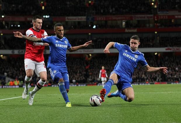 Arsenal s Carl Jenkinson tussles with Chelsea s Ryan Bertrand and Chelsea s Gary Cahill Arsenal v Chelsea - Capital One Cup Fourth Round - The Emirates - London - England -29 10 2013 - Pic David Klein Sportimage EDITORIAL USE ONLY. No use with unauthorised audio, video, data, fixture lists, club league logos or live services. Online in-match use limited to 120 images, no video emulation. No use in betting, games or single club league player publications.