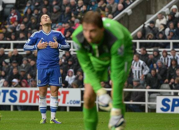 Eden Hazard of Chelsea dejected following a shot that went wide - Barclays Premier League - Newcastle Utd vs Chelsea - St James Park Stadium - Newcastle - England - 02 11 13 - Picture Simon Bellis Sportimage EDITORIAL USE ONLY. No use with unauthorised audio, video, data, fixture lists, club league logos or live services. Online in-match use limited to 120 images, no video emulation. No use in betting, games or single club league player publications.