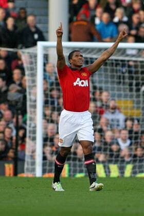 Football - 2013 2014 Premier League - Fulham vs. Manchester United Antonio Valencia of Manchester United celebrates scoring Manchester Uniteds opening goal at Craven Cottage Colorsport Shaun Boggust 
