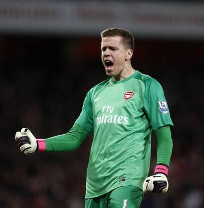 Arsenal s Wojiech Szczesny celebrates his sides opening goal Arsenal v Liverpool - Barclays Premier League - Emirates Stadium - London - England -02 11 2013 - Pic David Klein Sportimage EDITORIAL USE ONLY. No use with unauthorised audio, video, data, fixture lists, club league logos or live services. Online in-match use limited to 120 images, no video emulation. No use in betting, games or single club league player publications.