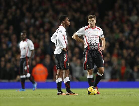 Liverpool s Daniel Sturridge and Steven Gerrard look on dejected after going 1-0 down Arsenal v Liverpool - Barclays Premier League - Emirates Stadium - London - England -02 11 2013 - Pic David Klein Sportimage EDITORIAL USE ONLY. No use with unauthorised audio, video, data, fixture lists, club league logos or live services. Online in-match use limited to 120 images, no video emulation. No use in betting, games or single club league player publications.