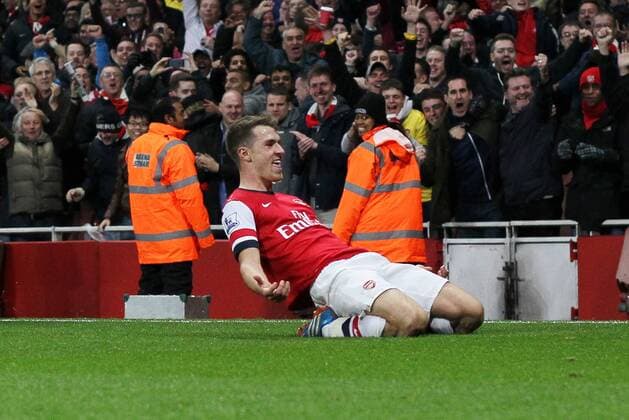 Arsenal s Aaron Ramsey celebrates scoring his sides second goal Arsenal v Liverpool - Barclays Premier League - Emirates Stadium - London - England -02 11 2013 - Pic David Klein Sportimage EDITORIAL USE ONLY. No use with unauthorised audio, video, data, fixture lists, club league logos or live services. Online in-match use limited to 120 images, no video emulation. No use in betting, games or single club league player publications.