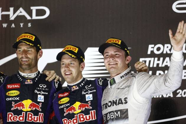Motorsports: FIA Formula One World Championship 2013, Grand Prix of Abu Dhabi, 1 Sebastian Vettel (GER, Infiniti Red Bull Racing), 2 Mark Webber (AUS, Infiniti Red Bull Racing), 9 Nico Rosberg (GER, Mercedes AMG Petronas F1 Team), xHOCHxZWEIx