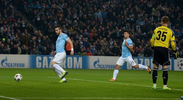 Alvaro Negredo of Manchester City scores the fourth goal - UEFA Champions League Group D - Manchester City vs CSKA Moscow - Etihad Stadium - Manchester - England - 05 11 13 - EDITORIAL USE ONLY. No use with unauthorised audio, video, data, fixture lists, club league logos or live services. Online in-match use limited to 120 images, no video emulation. No use in betting, games or single club league player publications.