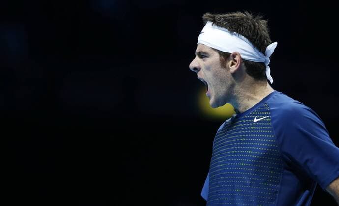Juan Martin del Potro of Argentina reacts during the Singles Group B match on day 4 of the Barclays ATP Tennis Herren World Tour Finals at the O2 Arena in London, Britain, Nov. 7, 2013. Juan Martin del Potro lost 1-2. (Xinhua Wang Lili) (SP)BRITAIN-LONDON-TENNIS-ATP FINALS-SINGLES-GROUP B- 