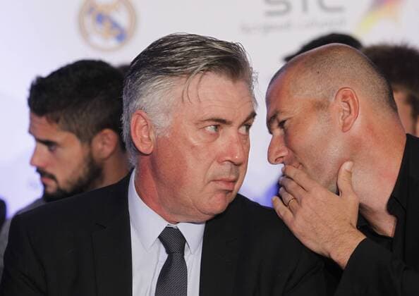 Carlo Ancelotti - Zinedine Zidane. Presentation of the agreement between Real Madrid and STC. In this picture, Ancelotti and Zidane. xPABLOGARCIAx 