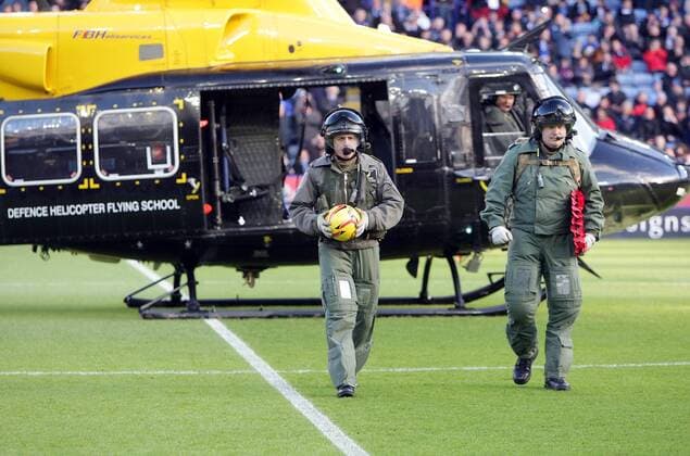 RAF (royal air force) helicopter delivers the match ball to The King Power Stadium ahead of Leicester s remembrance day game against Nottingham Forest Sky Bet Championship - Leicester City v Nottingham Forest - Leicester - England - 9th November 2013 - Pic Neil Plumb Sportimage EDITORIAL USE ONLY. No use with unauthorised audio, video, data, fixture lists, club league logos or live services. Online in-match use limited to 120 images, no video emulation. No use in betting, games or single club league player publications.