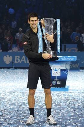 11.11.2013. O2 stadium, London, England. Novak Djokovic (SRB) celebrates with his trophy after victory in his men s singles Final match during Final day of the Barclays ATP Tennis Herren World Tour Finals at The O2 Arena. during the Barclays ATP Tennis Herren World Tour Finals from the O2 Arena. xHongboxChenx  ActionPlus20155367