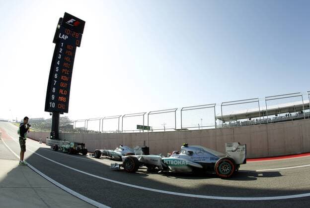 Nov. 15, 2013 - Austin, Texas, USA - 11 15 2013 Austin,TX. USA. The Mercedes of Lewis Hamilton and Nico Rosberg head out onto the track during the first practice session for the Formula 1 United States Grand Prix at Circuit of the Americas in Austin, Texas. Formula 1 United States Grand Prix - ZUMAl92