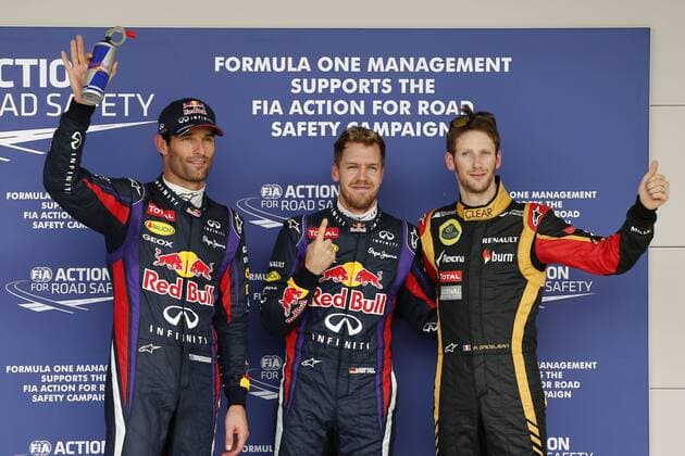 Motorsports: FIA Formula One World Championship 2013, Grand Prix of United States, 2 Mark Webber (AUS, Infiniti Red Bull Racing), 1 Sebastian Vettel (GER, Infiniti Red Bull Racing), 8 Romain Grosjean (FRA, Lotus F1 Team), xHOCHxZWEIx