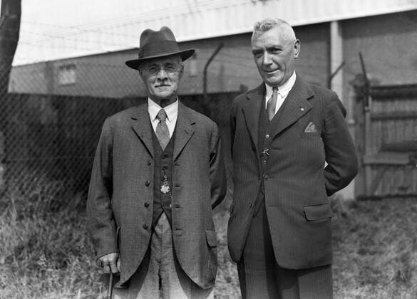 Football - 1938 1939 season West Bromwich Albion secretary-manager Fred Everiss, right, with Albert Jem Bayliss, who had captained West Brom to victory in the 1888 FA Cup Final, and also played for England. 01 10 1938 