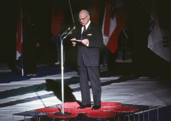 1972 Sapporo Winter Olympics - Closing Ceremony International Olympic Committee (IOC) President Avery Brundage addresses the crowds at the Makomanai Ice Arena, Japan. 