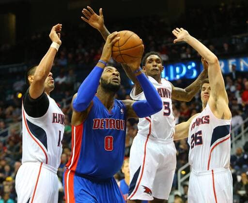 Nov. 20, 2013 - Atlanta, GA, USA - Detroit Pistons center Andre Drummond is triple-teamed by Atlanta Hawks defenders Gustavo Ayon, from left, Lou Williams and Kyle Korver during the second half in Atlanta on Wednesday, Nov. 20, 2013. The Hawks won, 93-85. Pistons at Hawks - ZUMAm67