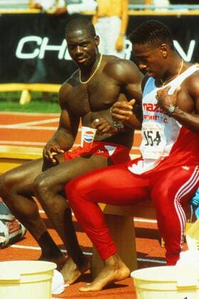 Athletics - 1988 Canada Olympic Trails Sprinters Ben Johnson, left, and Desai Williams. 10 08 1988 