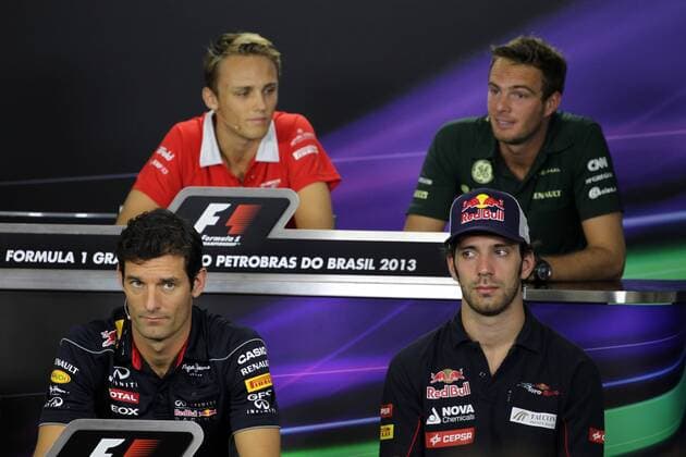 21.11.2013- Press conference, Max Chilton (GBR), Marussia F1 Team MR02, Giedo Van der Garde (NED), Caterham F1 Team CT03, Mark Webber (AUS) Red Bull Racing RB9 and Jean-Eric Vergne (FRA) Scuderia Toro Rosso STR8 