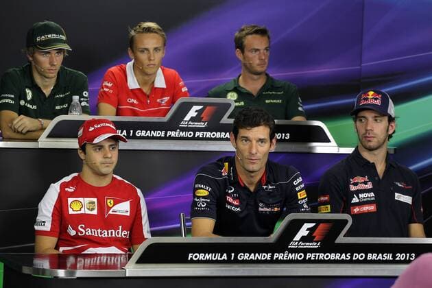 21.11.2013- Press conference, (L-R) Charles Pic (FRA) Caterham F1 Team CT03, Max Chilton (GBR), Marussia F1 Team MR02, Giedo Van der Garde (NED), Caterham F1 Team CT03, Felipe Massa (BRA) Scuderia Ferrari F138, Mark Webber (AUS) Red Bull Racing RB9 and Jean-Eric Vergne (FRA) Scuderia Toro Rosso STR8 