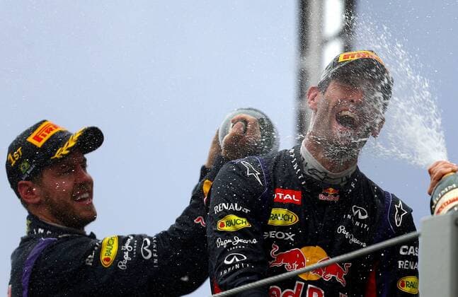 Sebastian Vettel; Mark Webber, Red Bull Racing, Podium, formula 1 GP, Brasilien in Sao Paulo Interlagos, 24.11.13, Photo:mspb Buhrer Sebastian Vettel; Mark Webber, Podium, formula 1 GP, Brasilien,