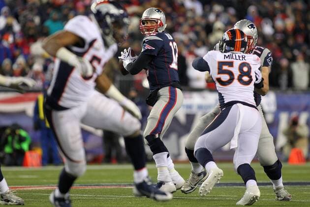 New England Patriots quarterback Tom Brady (12) drops back for a pass in the second quarter against the Denver Broncos in Foxboro, Massachusetts on November 24, 2013.  BOS2013112407