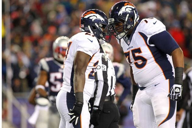 Denver Broncos running back Knowshon Moreno (27) bumps helmets with offensive lineman Chris Clark after Moreno scored on a two-yard in the first quarter against the New England Patriots at Foxboro, Massachusetts on November 24, 2013.  BOS2013112408