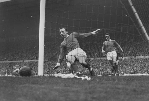 Football - 1966 1967 First Division - Manchester United 1 Manchester City 0 Nobby Stiles saves on the line for United, with Bill Foulkes, behind, at Old Trafford. 17 09 1966 