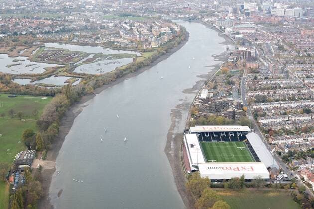 Aerial shot of Craven Cottage Football Stadium - home of Fulham FC. EDITORIAL USE ONLY. No use with unauthorised audio, video, data, fixture lists, club league logos or live services. Online in-match use limited to 120 images, no video emulation. No use in betting, games or single club league player publications.