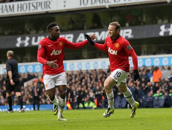 Manchester United s Wayne Rooney celebrates scoring his sides opening goal Tottenham Hotspur v Manchester United (ManU) - Premier League - White Hart Lane - London - 01 12 2013 - EDITORIAL USE ONLY. No use with unauthorised audio, video, data, fixture lists, club league logos or live services. Online in-match use limited to 120 images, no video emulation. No use in betting, games or single club league player publications.