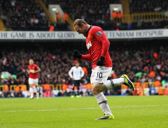 Manchester United s Wayne Rooney celebrates scoring his sides opening goal Tottenham Hotspur v Manchester United (ManU) - Premier League - White Hart Lane - London - 01 12 2013 - EDITORIAL USE ONLY. No use with unauthorised audio, video, data, fixture lists, club league logos or live services. Online in-match use limited to 120 images, no video emulation. No use in betting, games or single club league player publications.