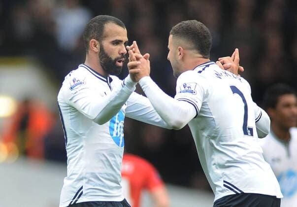 Football - 2013 2014 Premier League - Tottenham Hotspur vs. Manchester United Tottenham s Sandro celebrates scoring his goal with Kyle Walker at White Hart Lane. COLORSPORT ANDREW COWIE 