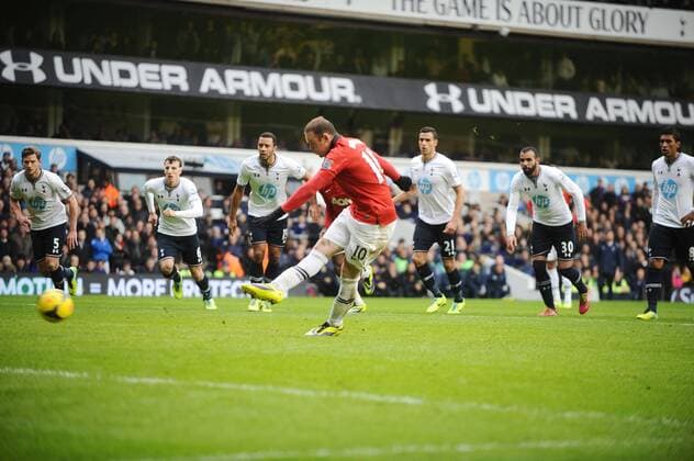 Football - 2013 2014 Premier League - Tottenham Hotspur vs. Manchester United Wayne Rooney scores the penalty kick at White Hart Lane. COLORSPORT ANDREW COWIE 