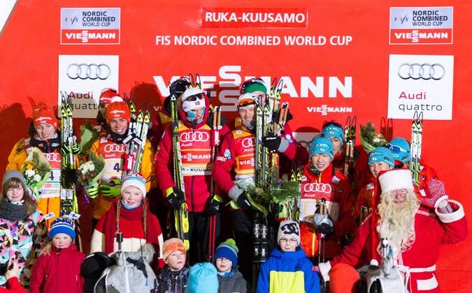 01.12.2013, Nordic Arena, Kuka, FIN, FIS Ski Nordisch Weltcup, Nordische Kombination, Langlauf, im Bild Podium, Teams von Deutschland, Norwegen und Japan Podium, Team of Germany, Norway and Japan during the mens FIS Nordic Combined World Cup Cross Country of the Nordic Opening at the Nordic Arena in Kuka, Finland on 2013 12 01. Foto: EIBNER EP_FEICHT_JFK E