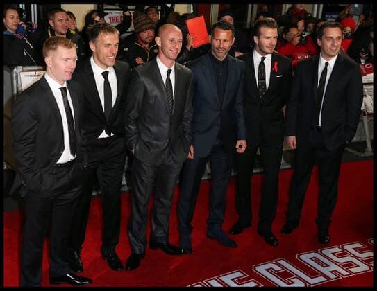 L to R Class of 92 Paul Scholes, Phil Neville, Nicky Butt, Ryan, Giggs, Dsavid Beckham, Gary Neville, arriving at the The Class of 92 premiere in London, Sunday, 1st December 2013. Picture by Stephen Lock i-Images StephenxLockx xi-Images  IIM-0959-0040