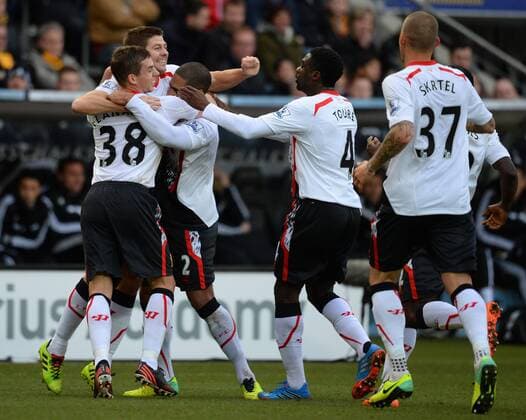 Steven Gerrard of Liverpool celebrates scoring from a free kick - Barclays Premier League - Hull City vs Liverpool - Kingston Communications Stadium - Hull - England - 1st December 2013 - Picture Simon Bellis Sportimage EDITORIAL USE ONLY. No use with unauthorised audio, video, data, fixture lists, club league logos or live services. Online in-match use limited to 120 images, no video emulation. No use in betting, games or single club league player publications.