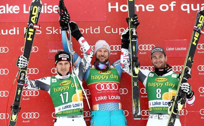 SKI ALPIN - FIS WC Lake Louise, Super G, Herren LAKE LOUISE,KANADA,01.DEZ.13 - SKI ALPIN - FIS Weltcup, Super G der Herren, Siegerehrung. Bild zeigt den Jubel von Matthias Mayer (AUT), Aksel Lund Svindal (NOR) und Georg Streitberger (AUT). 