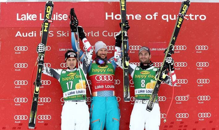 SKI ALPIN - FIS WC Lake Louise, Super G, Herren LAKE LOUISE,KANADA,01.DEZ.13 - SKI ALPIN - FIS Weltcup, Super G der Herren, Siegerehrung. Bild zeigt den Jubel von Matthias Mayer (AUT), Aksel Lund Svindal (NOR) und Georg Streitberger (AUT). 