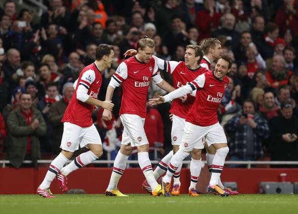 Arsenal s Nicklas Bendtner celebrates scoring his sides opening goal Arsenal v Hull City - Premier League - Emirates Stadium - London - 04 12 2013 - Pic David Klein Sportimage EDITORIAL USE ONLY. No use with unauthorised audio, video, data, fixture lists, club league logos or live services. Online in-match use limited to 120 images, no video emulation. No use in betting, games or single club league player publications.