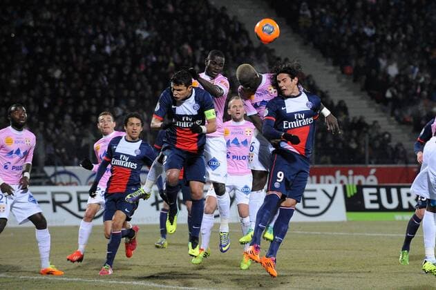 Marquinhos - Thiago Silva - Edinson Cavani (PSG) Djakaridja Kone - Jonathan Mensah (Evian) FOOTBALL : Evian Thonon Gaillard vs PSG Paris St. Germain - Ligue 1 - 04 12 2013 N.LeGouic FEP Panoramic 