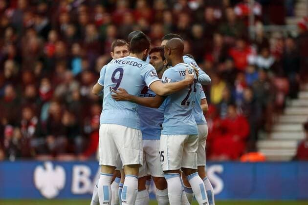 Manchester City s Sergio Kun Aguero celebrates scoring his sides opening goal Southampton v Manchester City - Premier League - St Mary s - Southampton - 07 12 2013 - Pic David Klein Sportimage EDITORIAL USE ONLY. No use with unauthorised audio, video, data, fixture lists, club league logos or live services. Online in-match use limited to 120 images, no video emulation. No use in betting, games or single club league player publications.