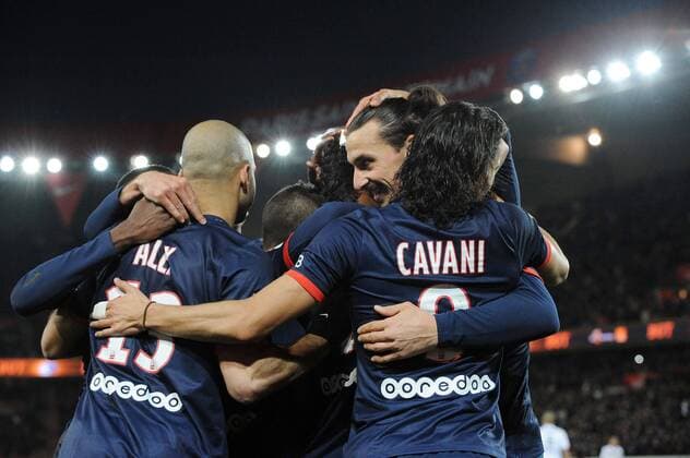 joie Thiago Silva apres son but - Edinson Cavani - Zlatan Ibrahimovic (PSG) FOOTBALL : PSG vs Sochaux - Ligue 1 - 07 12 2013 N.LeGouic FEP Panoramic 