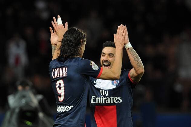 joie Edinson Cavani apres son but - Ezequiel Lavezzi (PSG) FOOTBALL : PSG vs Sochaux - Ligue 1 - 07 12 2013 N.LeGouic FEP Panoramic 